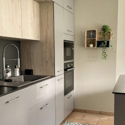A modern kitchen with light wood and white cabinetry, a built-in oven, a sleek sink with a high-arc faucet, and a small wall shelf decorated with plants and jars.